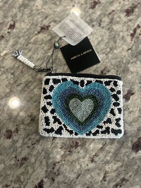 America & Beyond Beaded Heart Zip Pouch in Blue and White
